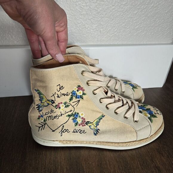 Love Moschino FLORAL Embroidered Natural Canvas High Top Sneakers Shoes Size 39